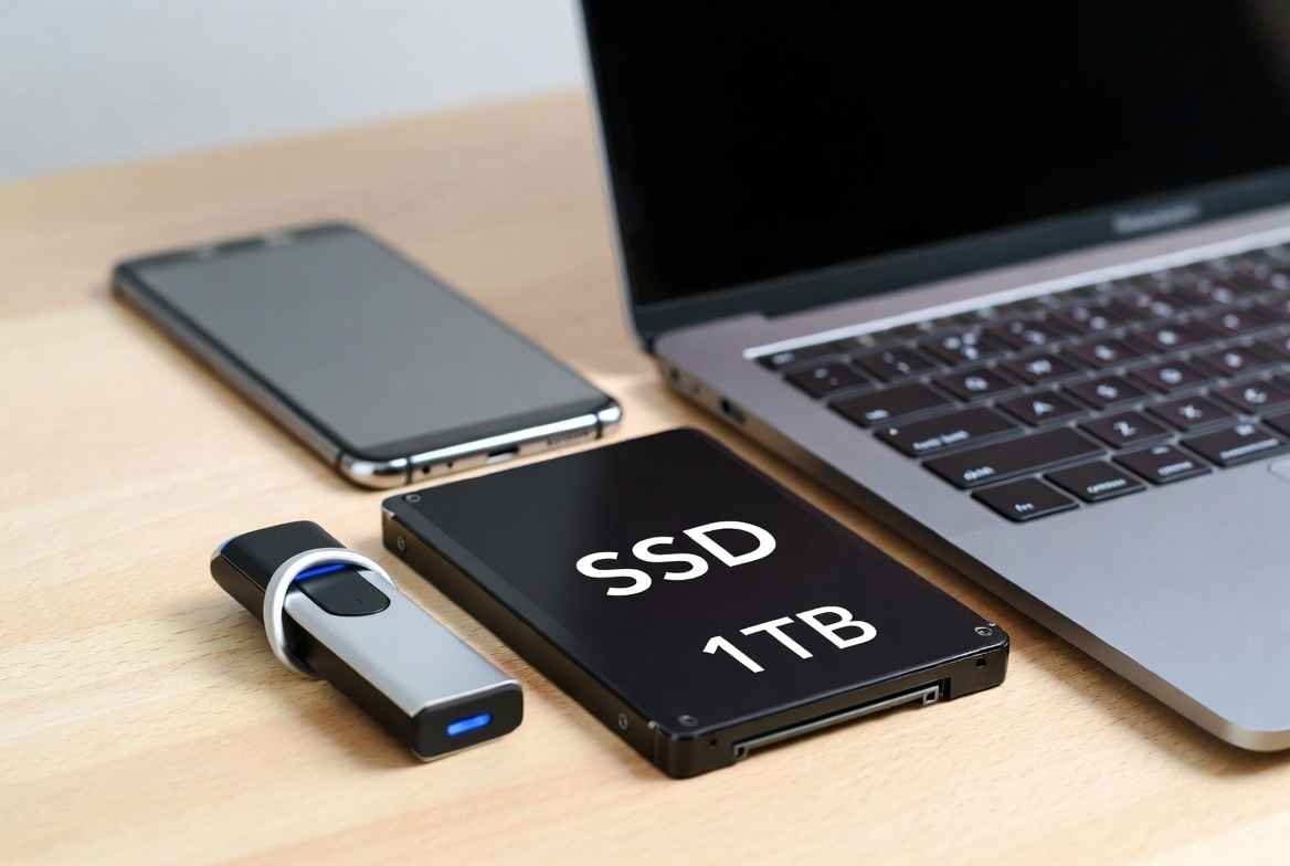 A thumb drive, external hard drive, cell phone, and laptop on a desk. Learn more about the basics of storage and how to manage it.