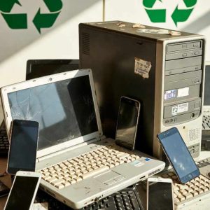 A group of old electronics should be recycled, not thrown away.