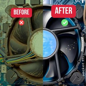 Before and After computer tune-up: Dusty PC on the left vs clean optimized PC on the right showing benefits for speed, lifespan, and security